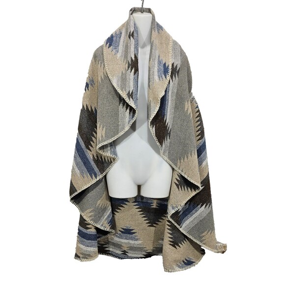 Southwestern Blanket Cape Long Open Vest Beige Gray Womens One Size Boho Western - Picture 1 of 7